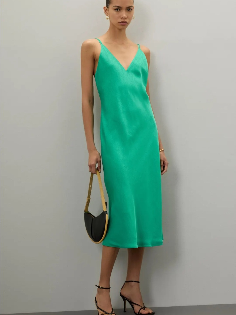 Saunders Green Satin Slip Midi Dress Bias Cut V-Neck Size 4 Resort